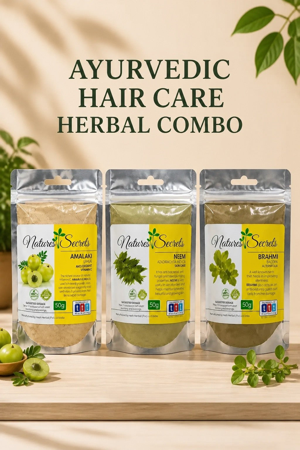 Nova Naturals Ayurvedic Hair Care Herbal Combo – Amalaki, Neem and Brahmi – 3 x 50g
